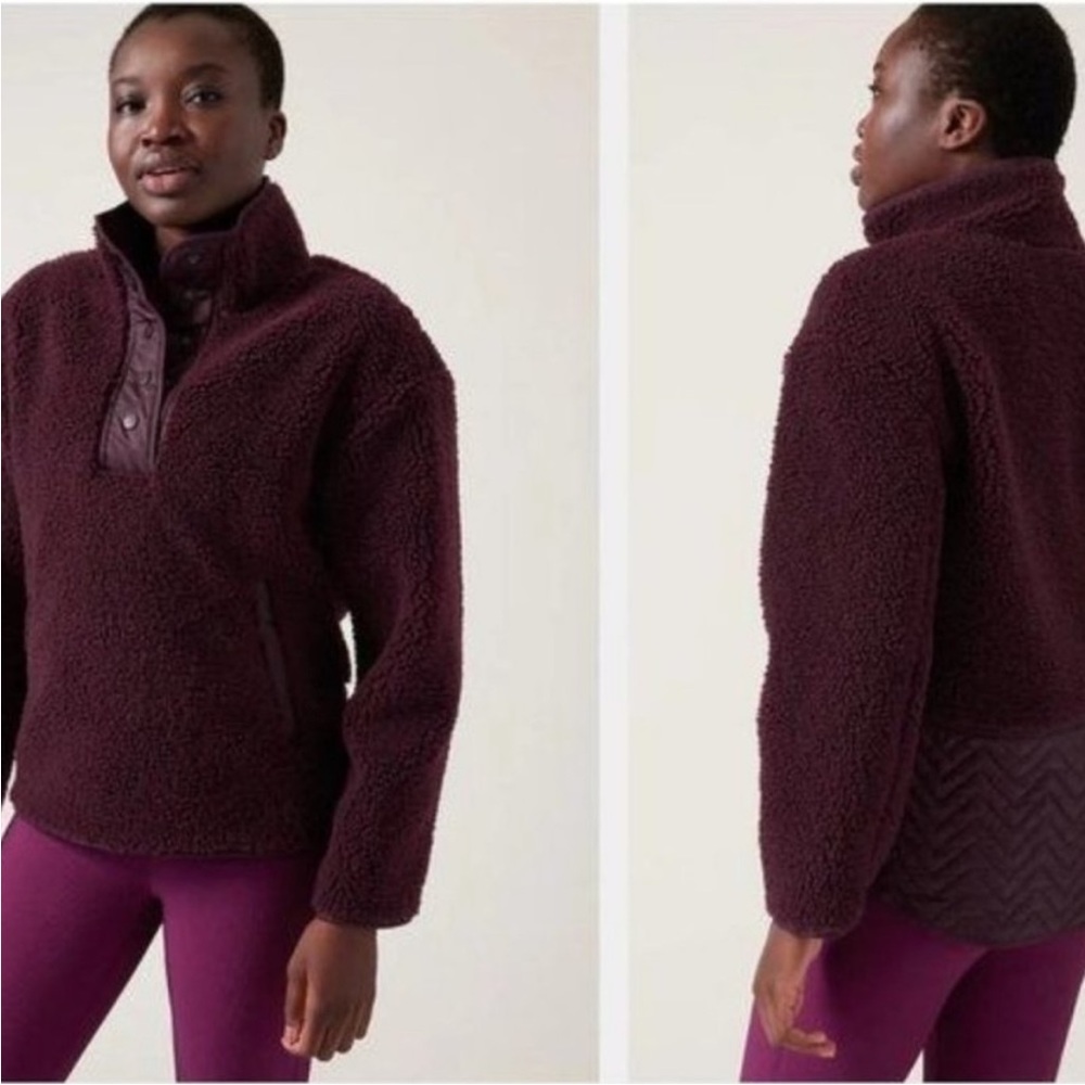 Athleta Cozy Sherpa Snap Sweatshirt NWT in maroon, L and S